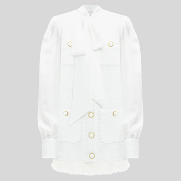 Chic Tweed & Feather Bow Dress - White