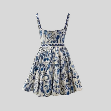 Fitted Mini Dress With Blue Floral And Paisley Pattern - White