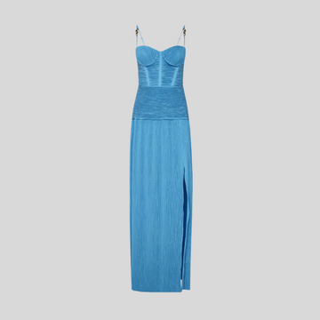 Elegant Dress With Ruched Fitted Bodice And Straight Skirt With Side Slit - Ivory - Blue - Black