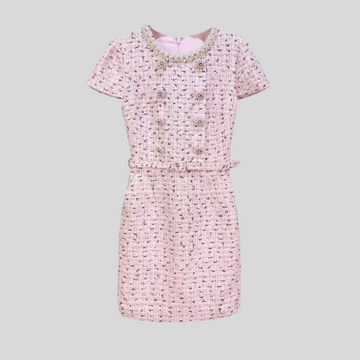 Elegant Textured Mini Dress With Short Sleeves And Matching Belt - Pink