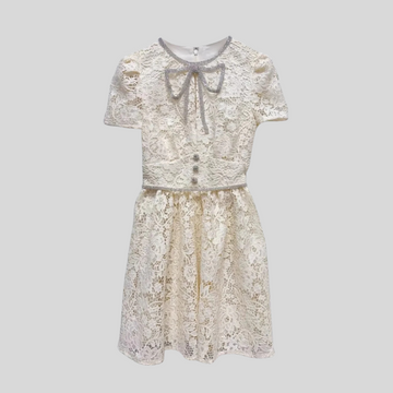 Short Sleeved Lace Dress With Rounded Neckline And Decorative Bow - Ivory