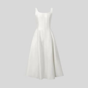 Satin Fit-and-Flare Midi Dress with Square Neckline - White - Black - Fuchsia
