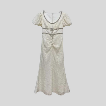 Short Sleeved Lace Dress With Short Puff Sleeves And Scoop Neckline - Ivory