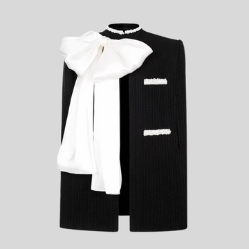 Sophisticated Overcoat with White Bow Decoration - Black