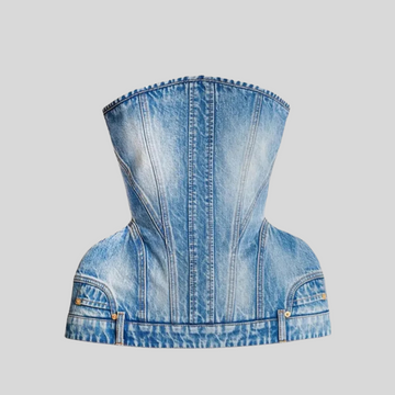 Denim Corset-Inspired Top With Decorative Seams And Structured Design - Blue