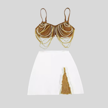 Pearls And Chains Embellished Set With Contrasting Top And Mini Skirt - Gold/White