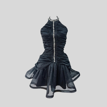 Pearl-Embellished Sleeveless Halter Dress - Black