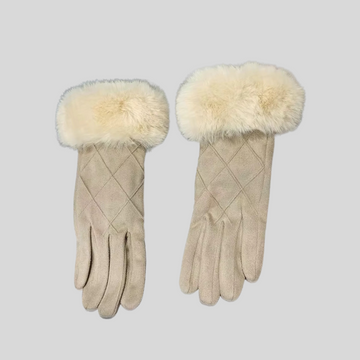 Elegant Suede Plaid Gloves With Fur - Beige