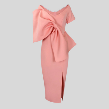 Elegant Fitted Dress With Oversized Front Bow - Peach