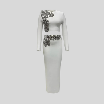 Elegant Diamond Flower 2-Piece Set with Long Sleeve Top and Maxi Skirt - White