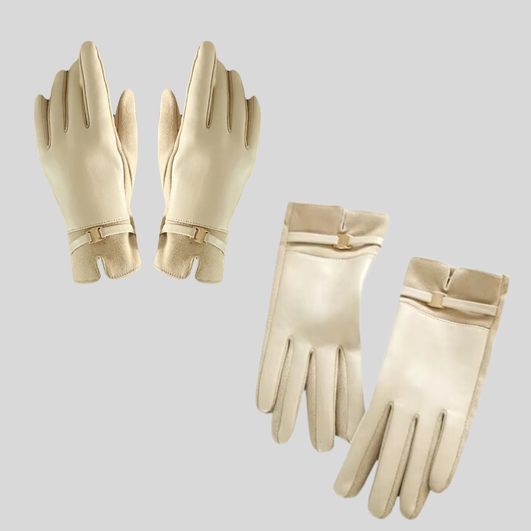 Vegan Leather and Suede Gloves with Metal Buckle - Beige