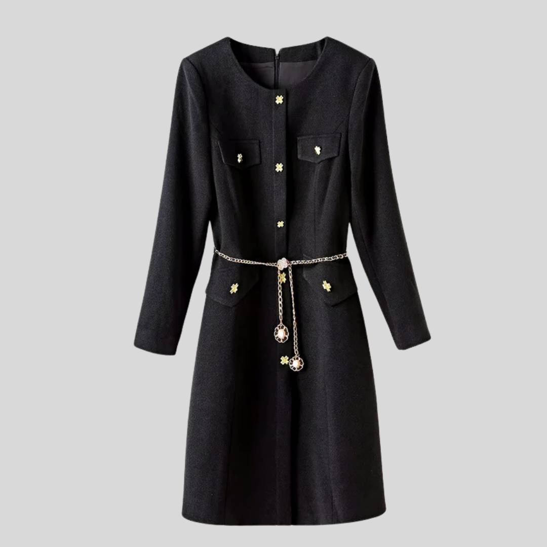 Elegant Long Sleeve Dress with Chain Belt - Black