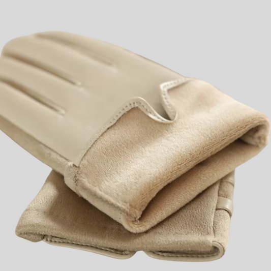 Vegan Leather and Suede Gloves with Metal Buckle - Beige