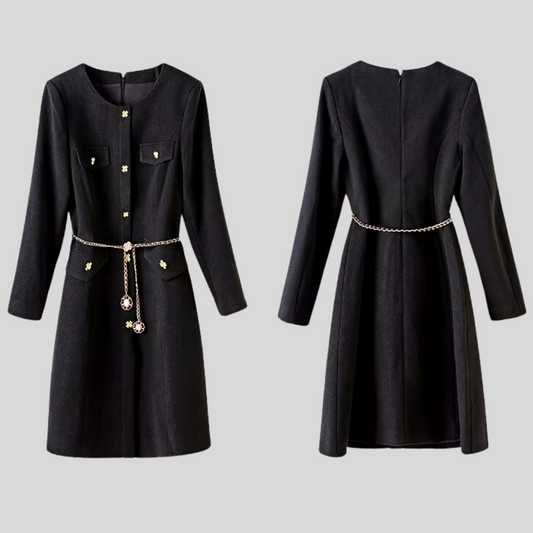 Elegant Long Sleeve Dress with Chain Belt - Black