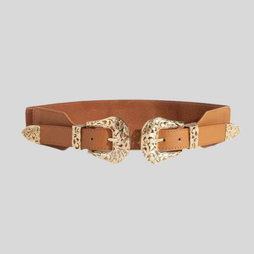 Vintage Vegan Leather Buckle Wide Elastic Belt - Brown