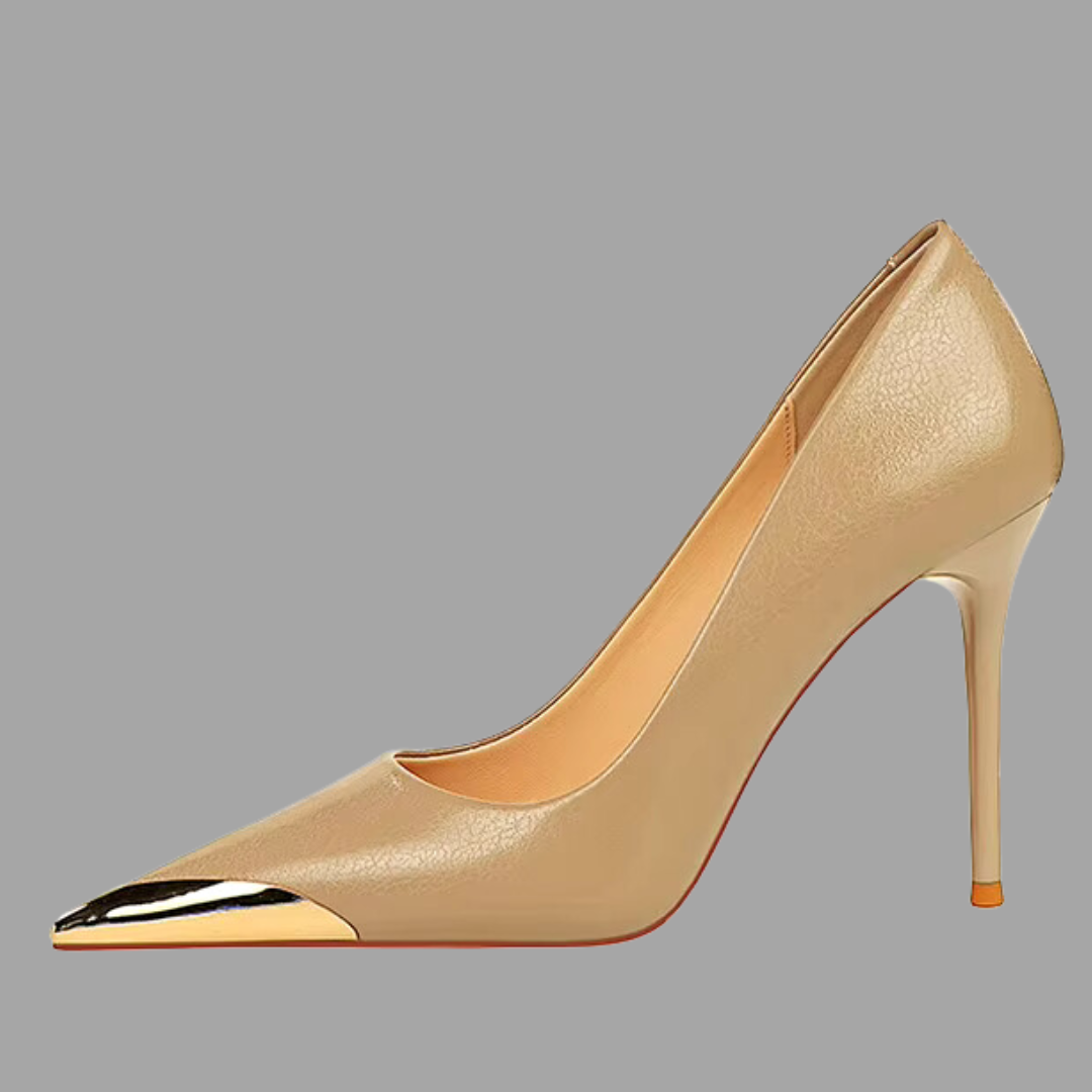 Elegant Leather Metal Pointed Heels - Beige