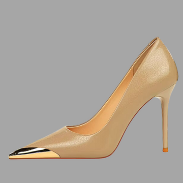 Elegant Leather Metal Pointed Heels - Beige