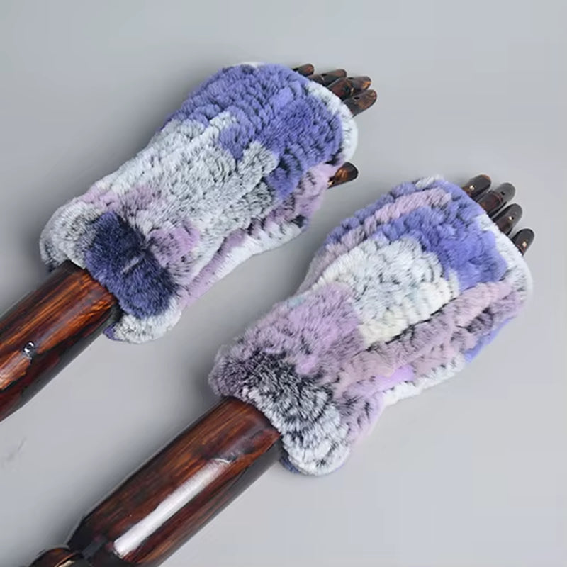 New Women 100% Real Genuine Knitted Rex Rabbit Fur Mittens Winter Warm Lady Real Fur Fingerless Gloves Handmade Knit Fur Mitten