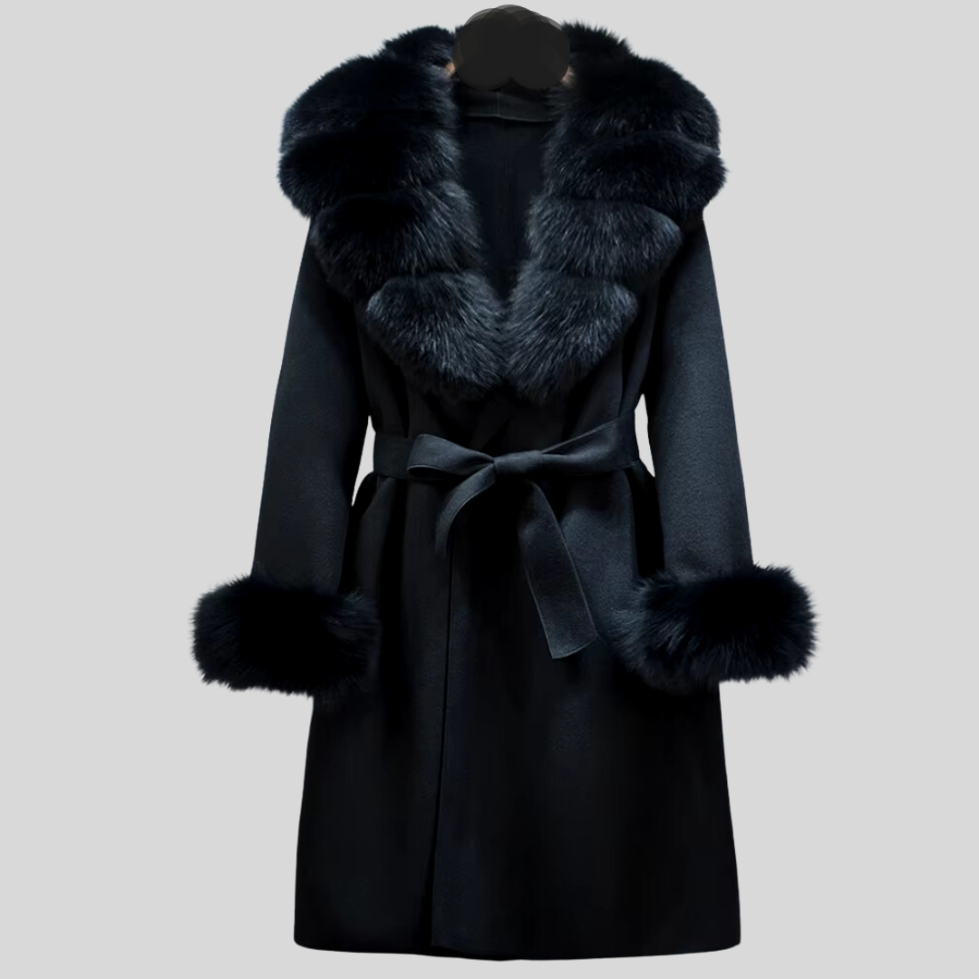 Long Overcoat with Black Fox Fur Collar - Black