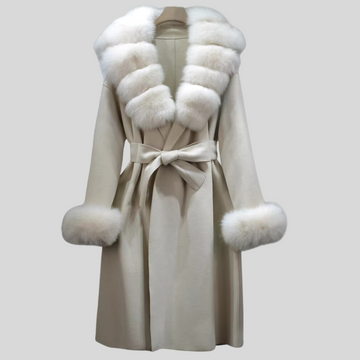 Long Overcoat with White Fox Fur Collar - Beige