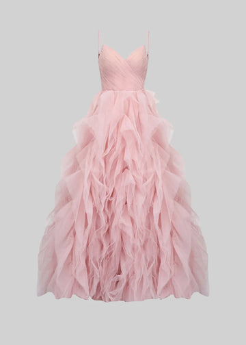 Elegant Tulle Gown With Flowing Full-Length Skirt - Peach