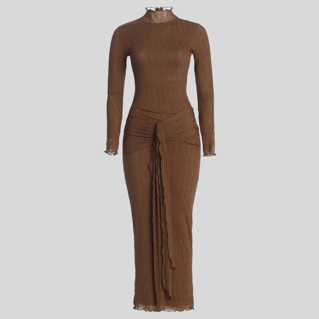 Elegant Long Sleeve Maxi Dress With Draped Design - Brown