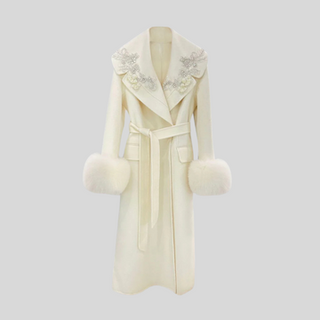 Luxury Cashmere Overcoat with Fox Fur Cuffs and Floral 3D Accents - Ivory