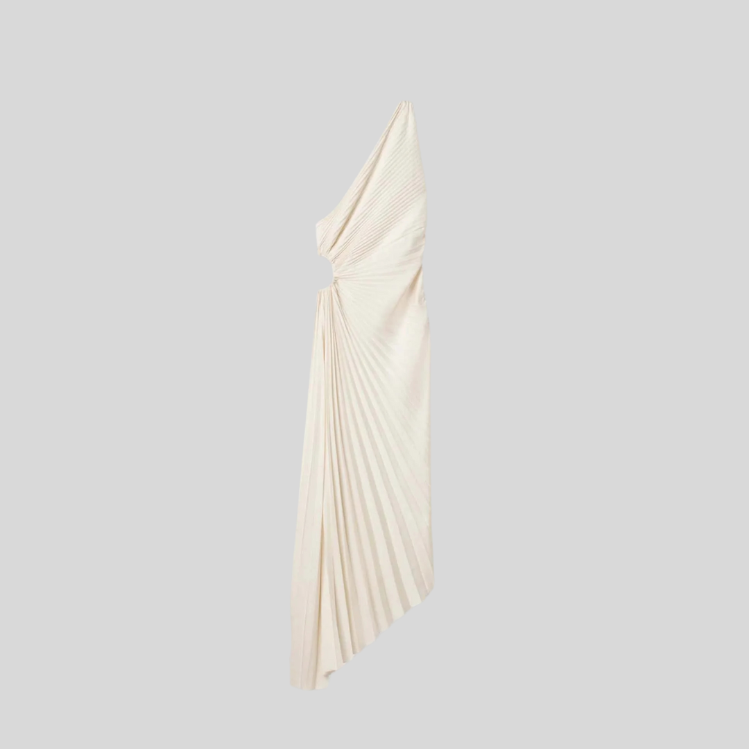 Elegant One Shoulder Dress With Ruched Texture And Circular Side Cut-Out - Black - Beige