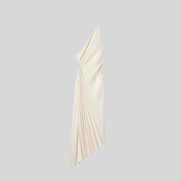 Elegant One Shoulder Dress With Ruched Texture And Circular Side Cut-Out - Black - Beige