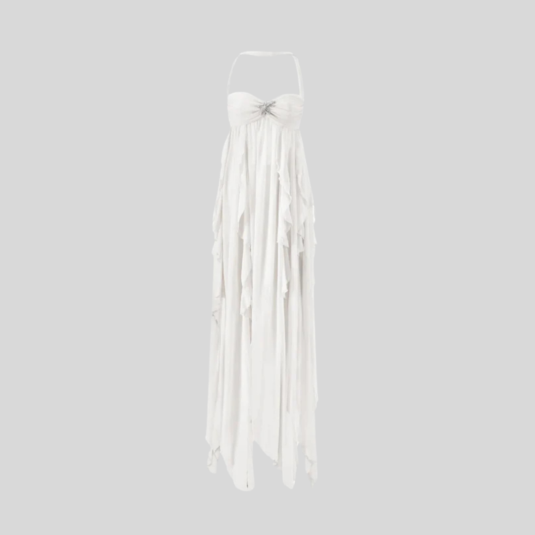 Allure Strapless Gown With Flowing Layered Skirt And Asymmetrical Hemline - White