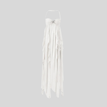 Allure Strapless Gown With Flowing Layered Skirt And Asymmetrical Hemline - White