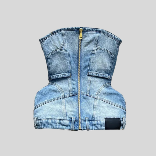 Denim Corset-Inspired Top With Decorative Seams And Structured Design - Blue