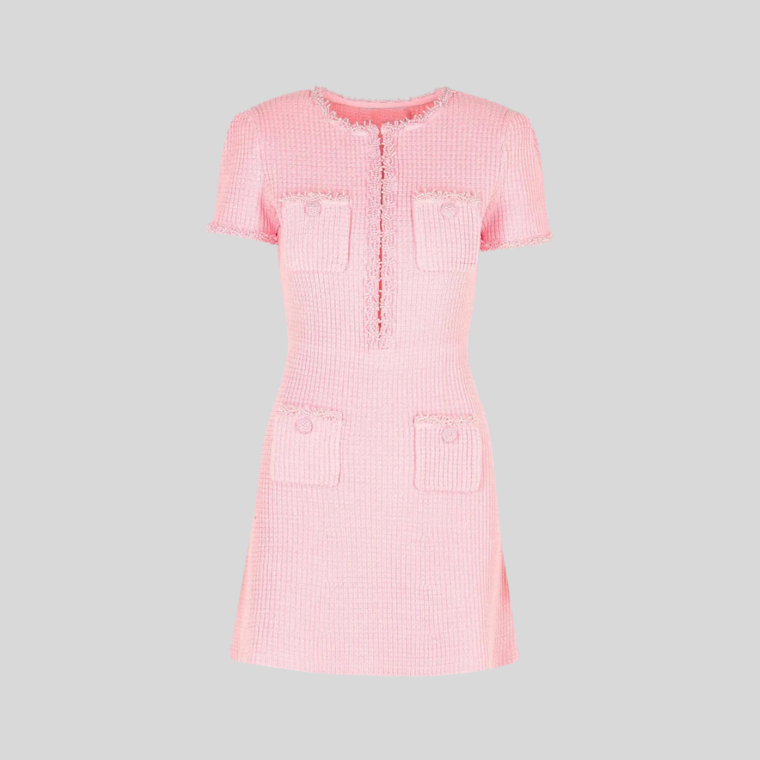 Tweed Mini Dress With Short Sleeves And Buttoned Front Closure - Pink - Green