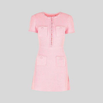 Tweed Mini Dress With Short Sleeves And Buttoned Front Closure - Pink - Green