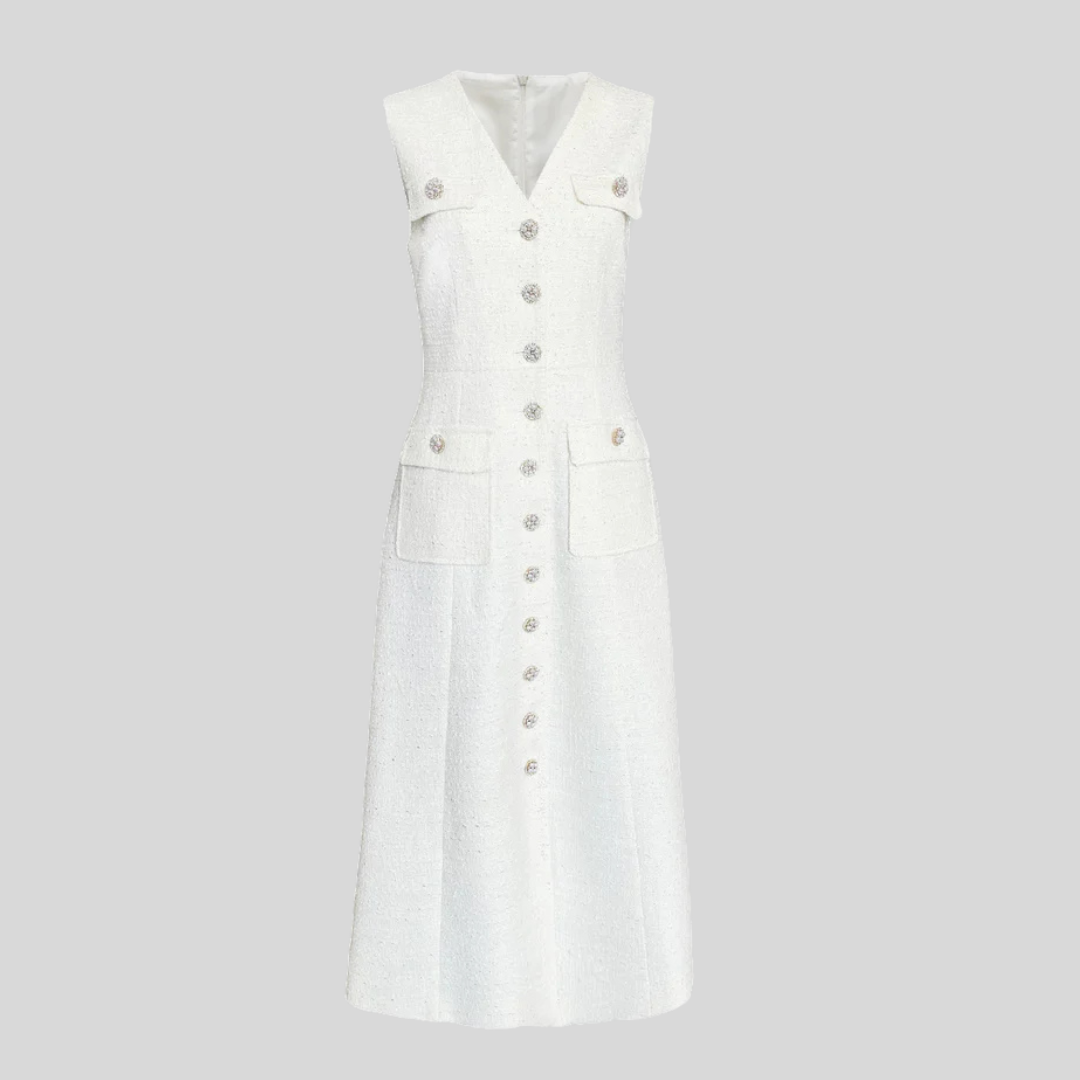 Textured Sleeveless Dress With Front Pockets - White