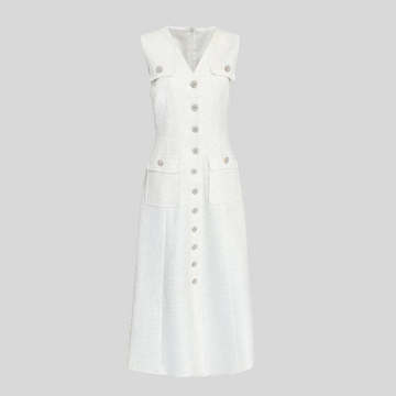 Textured Sleeveless Dress With Front Pockets - White