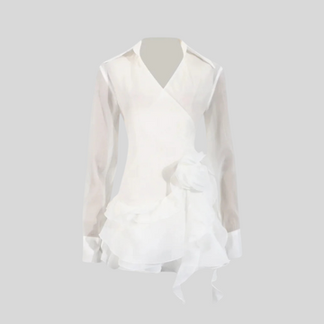 Elegant Dress With Sheer Long Sleeves, Deep V-Neckline And Ruffled Layering - White - Black