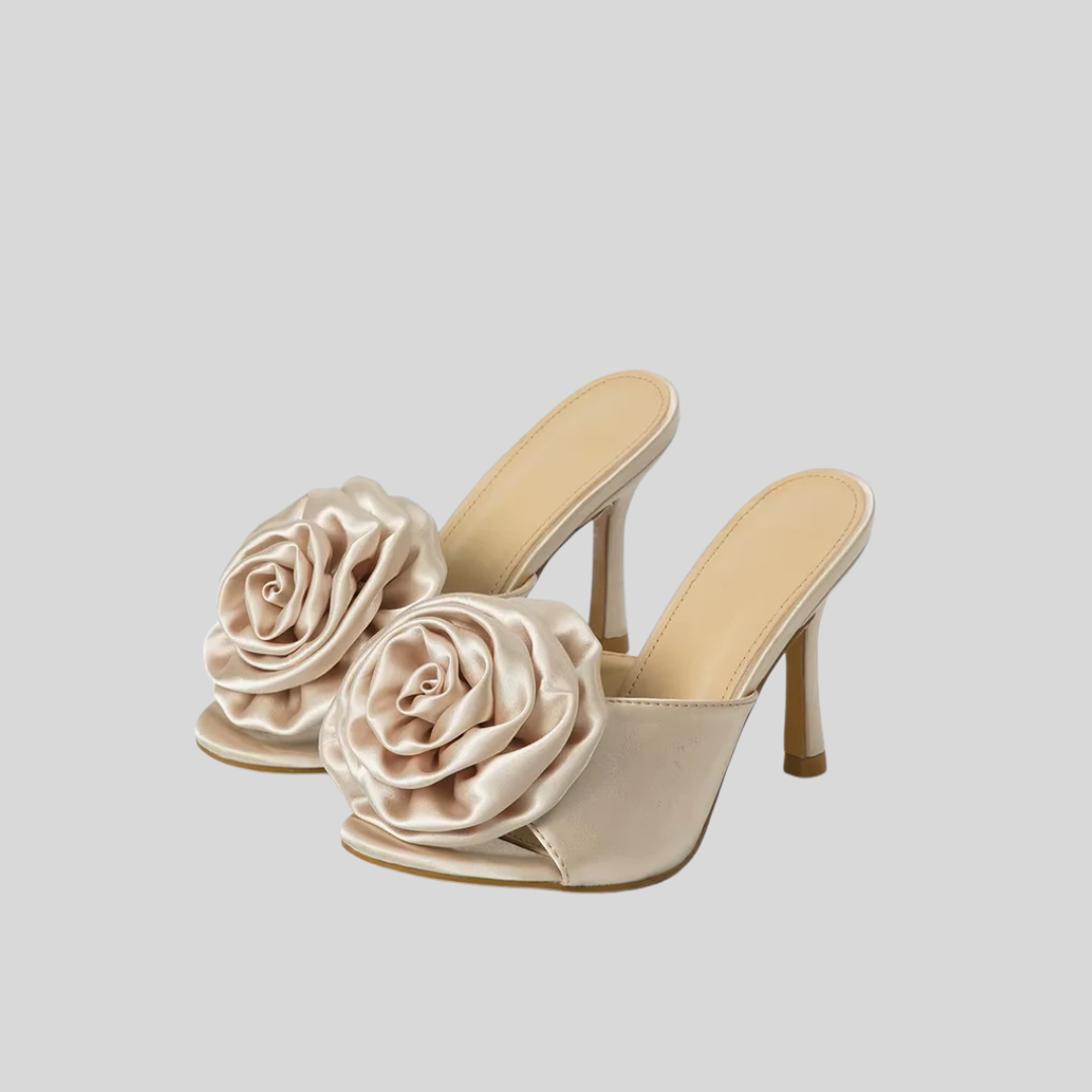 Satin Strappy Sandals with Flower Detail - Beige