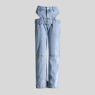 Hollow Out Patchwork Belt Denim - Blue