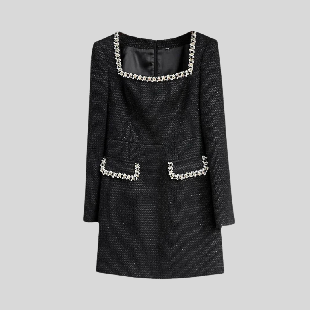 Elegant Tweed Mini Knit Dress with Square Neck and Subtle Silver Details - Black