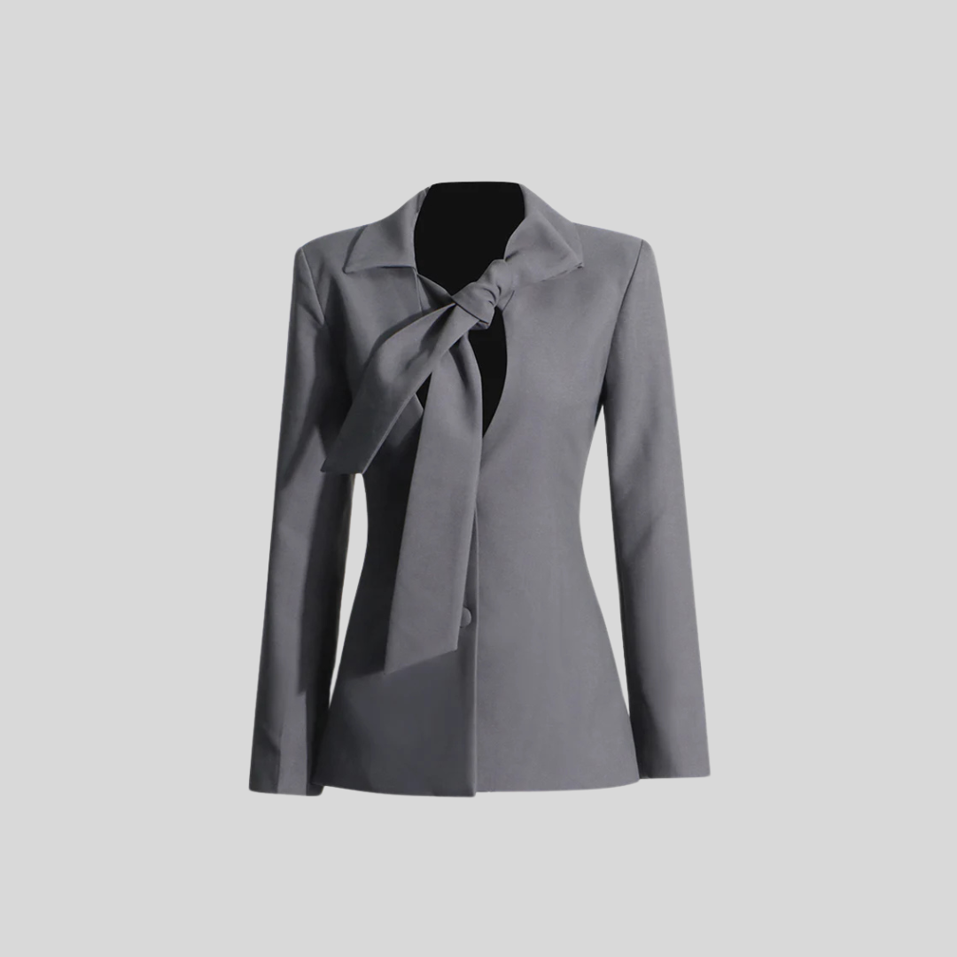 Chic Blazer with Bow Detail on Collar - Gray