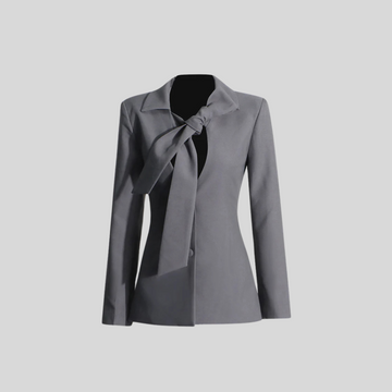 Chic Blazer with Bow Detail on Collar - Gray