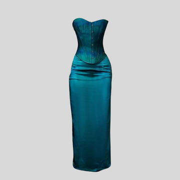 Elegant Satin Evening Gown With Corset-Style Bodice And Back Lace Closure - Teal