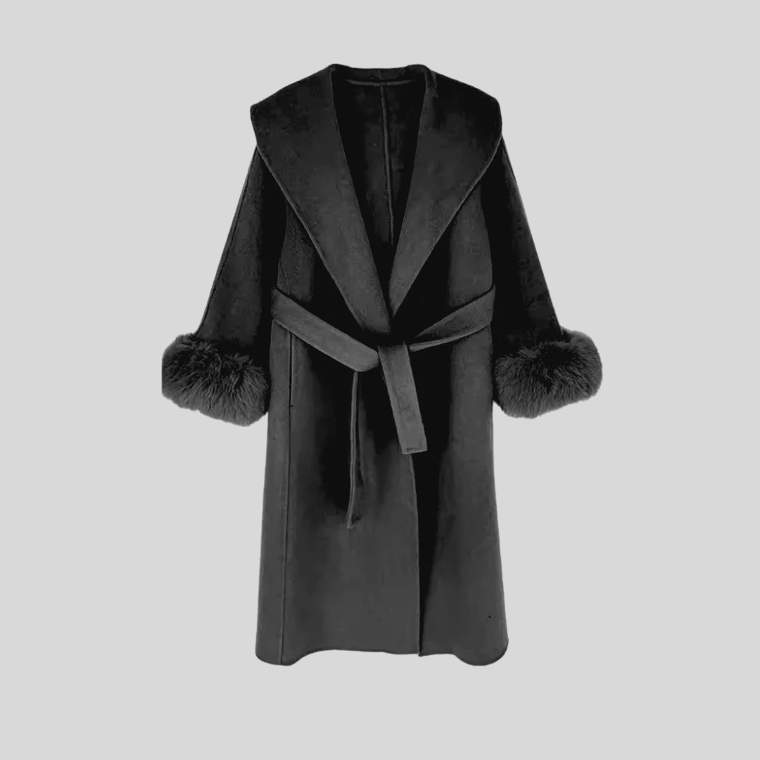 Luxurious Cashmere Long Coat With Fox Fur Cuffs - Black