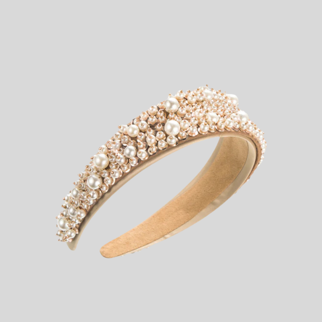 Pearl Embellished Headband With Suede Lining - Gold