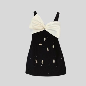 Mini Dress with White Neck Bow and Embellishments - Black