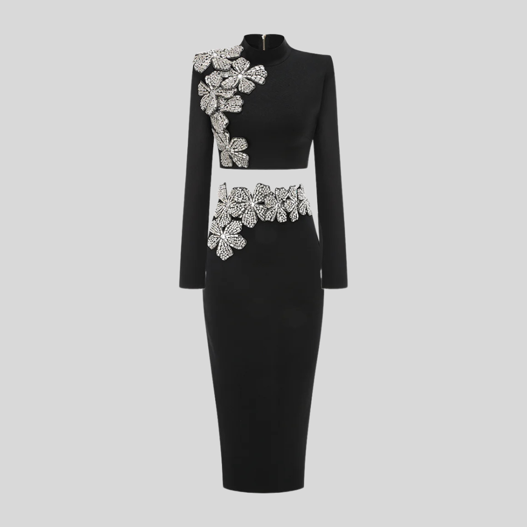 Elegant Black Diamond Flower 2-Piece Set with Long Sleeve Top and Maxi Skirt