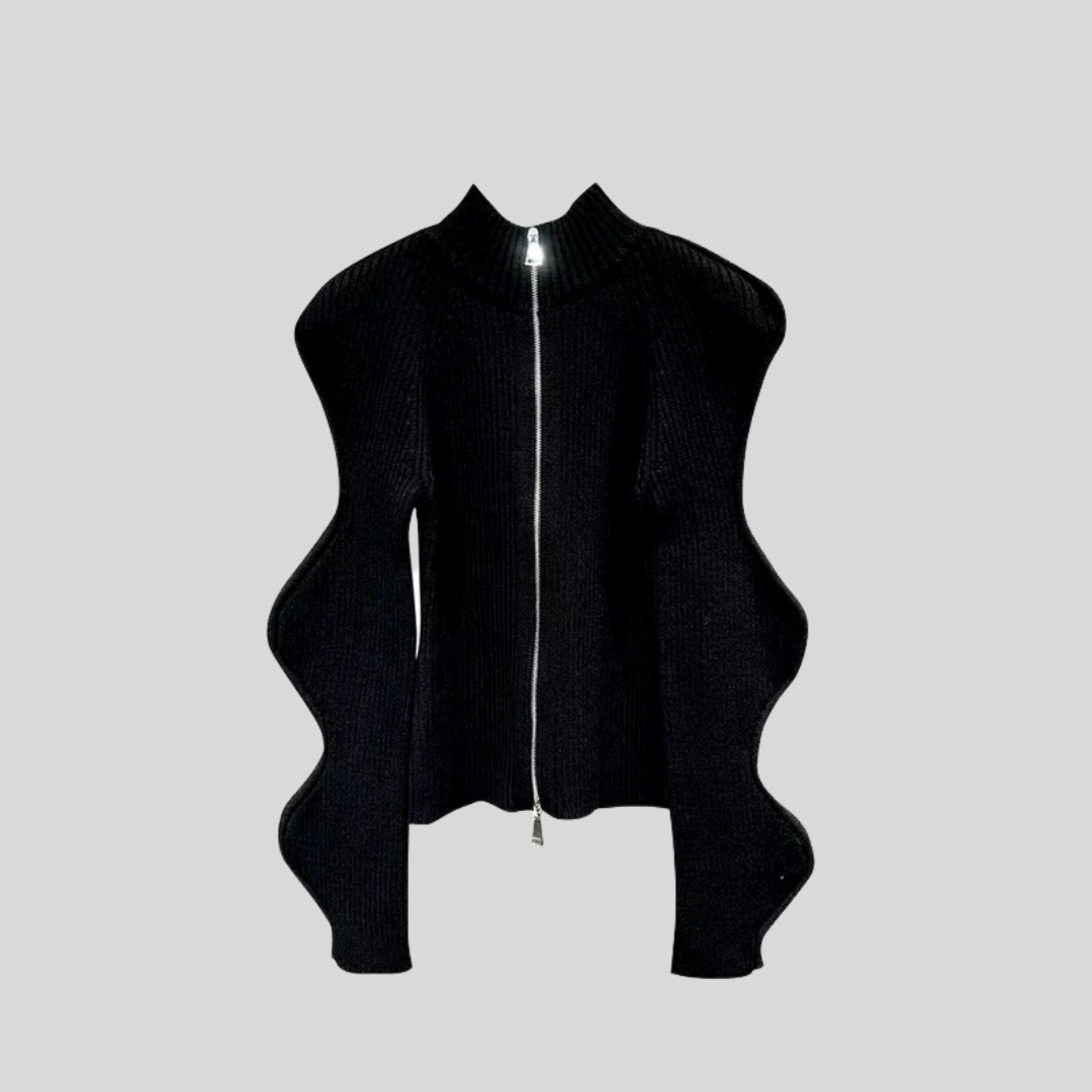 Wave Edge Long Sleeve Zipper Cardigan - Black