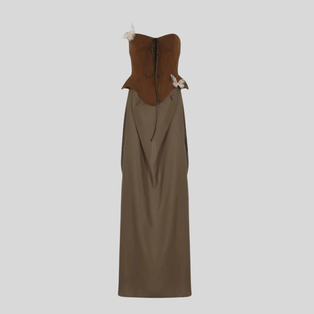 Strapless Dress With Lace-Up Fitted Bodice And Long Flowing Skirt - Brown