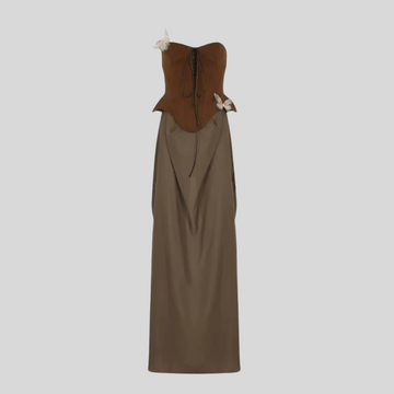 Strapless Dress With Lace-Up Fitted Bodice And Long Flowing Skirt - Brown